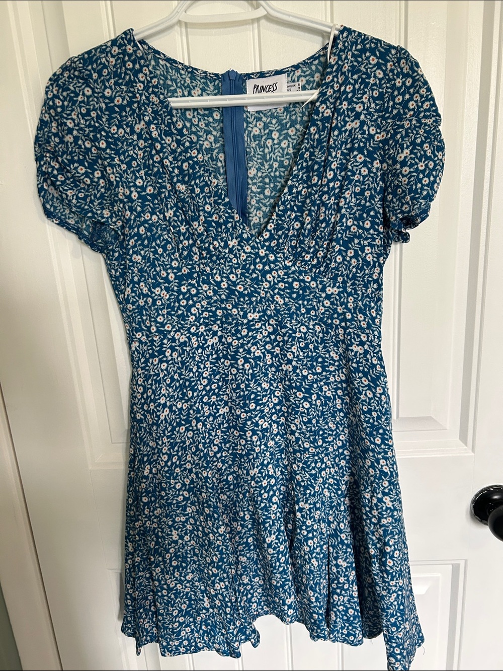 Princess Polly Blue Floral V-Neck Mini Dress with White Flowers with Orange